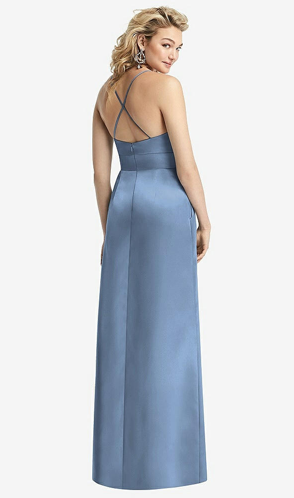 Back View - Windsor Blue Pleated Skirt Satin Maxi Dress with Pockets