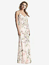 Rear View Thumbnail - Blush Garden Shirred Sash Cowl-Back Chiffon Trumpet Gown