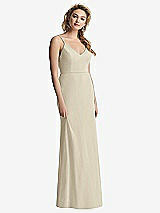 Rear View Thumbnail - Champagne Shirred Sash Cowl-Back Chiffon Trumpet Gown