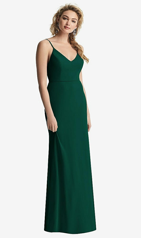 Back View - Hunter Green Shirred Sash Cowl-Back Chiffon Trumpet Gown