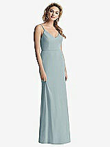 Rear View Thumbnail - Morning Sky Shirred Sash Cowl-Back Chiffon Trumpet Gown