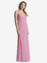 Rear View Thumbnail - Powder Pink Shirred Sash Cowl-Back Chiffon Trumpet Gown