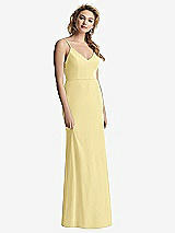 Rear View Thumbnail - Pale Yellow Shirred Sash Cowl-Back Chiffon Trumpet Gown