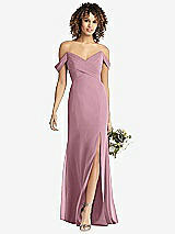 Front View Thumbnail - Dusty Pink Off-the-Shoulder Criss Cross Bodice Trumpet Gown