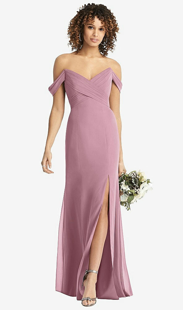 Front View - Dusty Pink Off-the-Shoulder Criss Cross Bodice Trumpet Gown