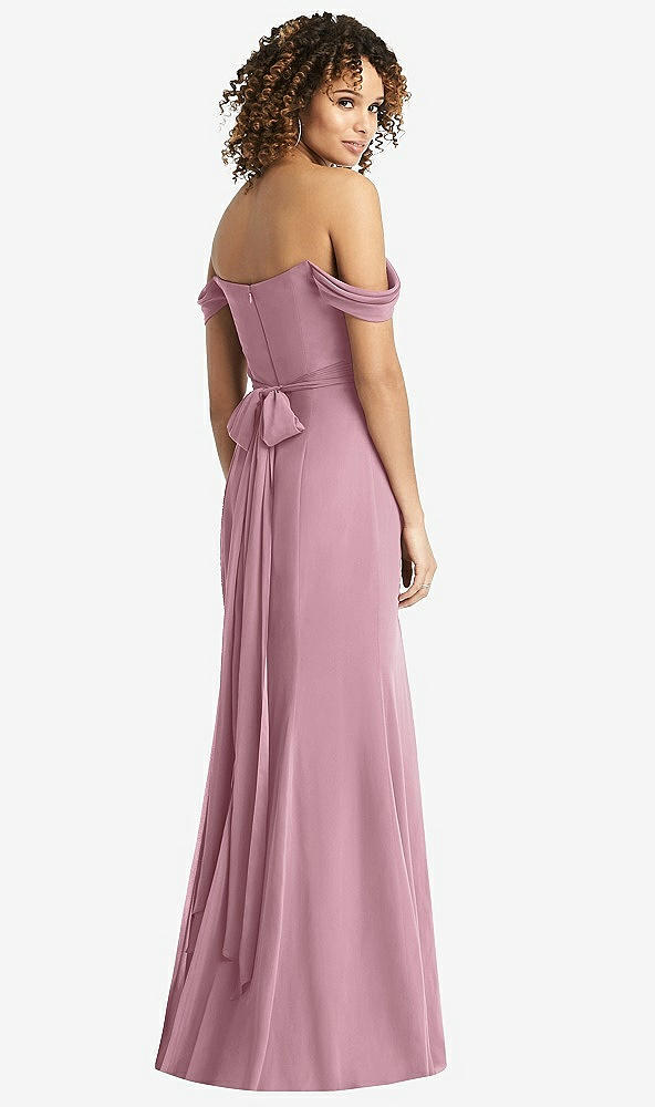 Back View - Dusty Pink Off-the-Shoulder Criss Cross Bodice Trumpet Gown