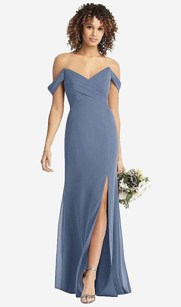 Front View - Larkspur Blue Off-the-Shoulder Criss Cross Bodice Trumpet Gown