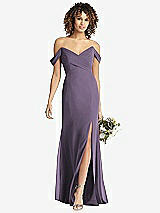 Front View Thumbnail - Lavender Off-the-Shoulder Criss Cross Bodice Trumpet Gown