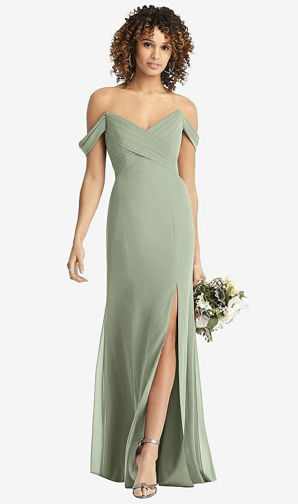 Front View - Sage Off-the-Shoulder Criss Cross Bodice Trumpet Gown