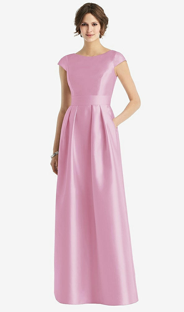 Front View - Powder Pink Cap Sleeve Pleated Skirt Dress with Pockets