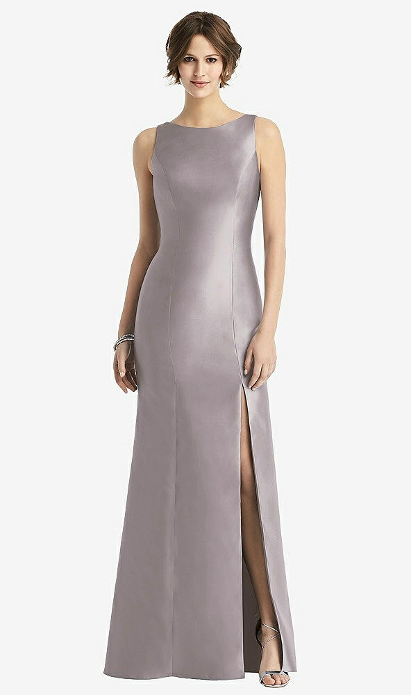 Front View - Cashmere Gray Sleeveless Satin Trumpet Gown with Bow at Open-Back