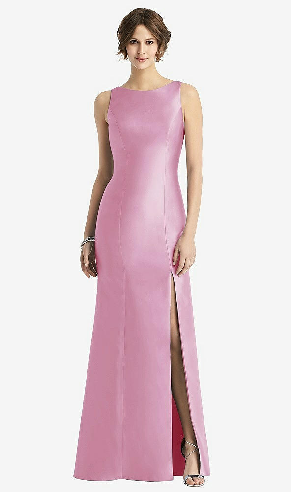 Front View - Powder Pink Sleeveless Satin Trumpet Gown with Bow at Open-Back