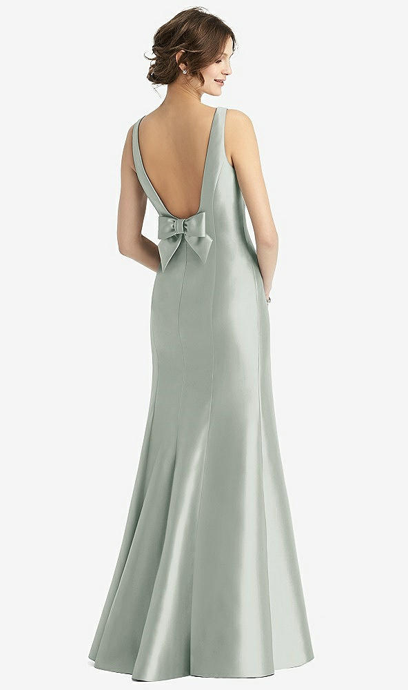 Back View - Willow Green Sleeveless Satin Trumpet Gown with Bow at Open-Back