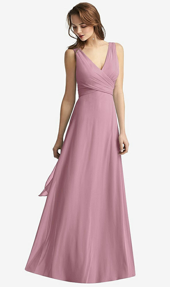 Front View - Dusty Pink Sleeveless V-Neck Chiffon Wrap Dress