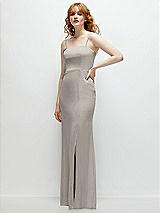 Rear View Thumbnail - Taupe Tie-Back Cutout Trumpet Gown with Front Slit