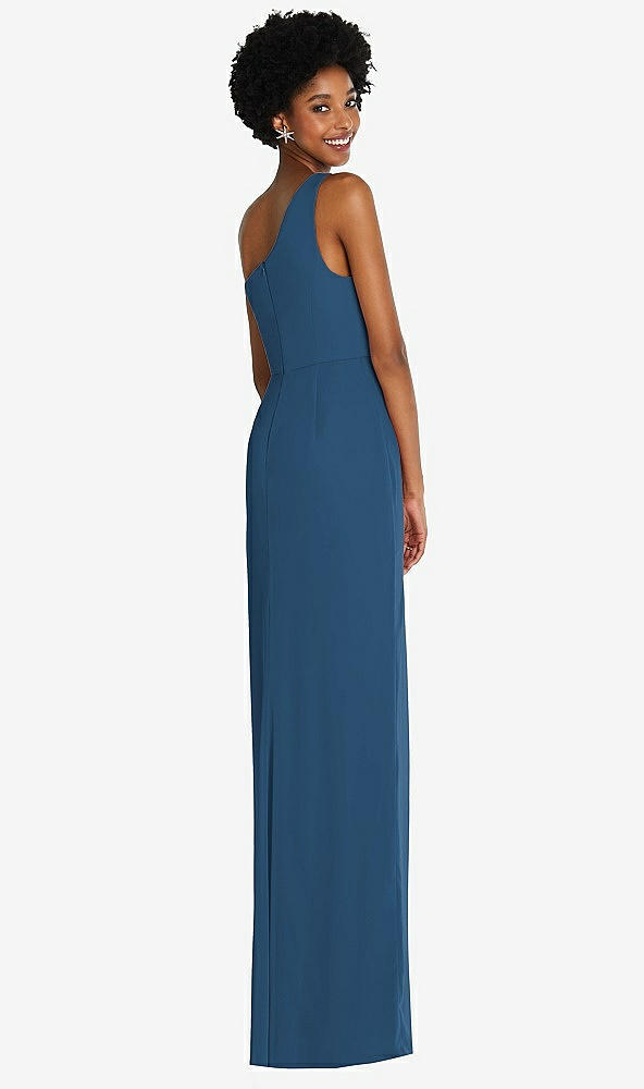 Back View - Dusk Blue One-Shoulder Chiffon Trumpet Gown