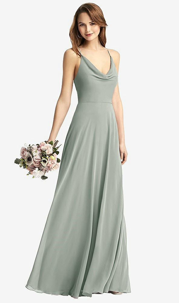 Front View - Willow Green Cowl Neck Criss Cross Back Maxi Dress