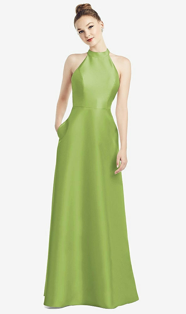 Back View - Mojito High-Neck Cutout Satin Dress with Pockets