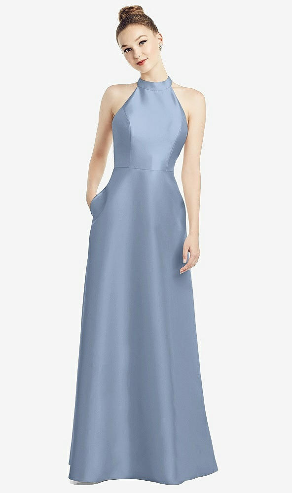 Back View - Cloudy High-Neck Cutout Satin Dress with Pockets