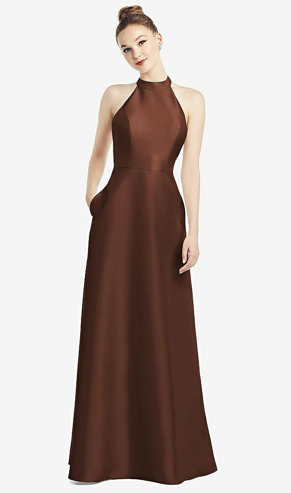 Back View - Cognac High-Neck Cutout Satin Dress with Pockets