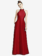 Rear View Thumbnail - Garnet High-Neck Cutout Satin Dress with Pockets