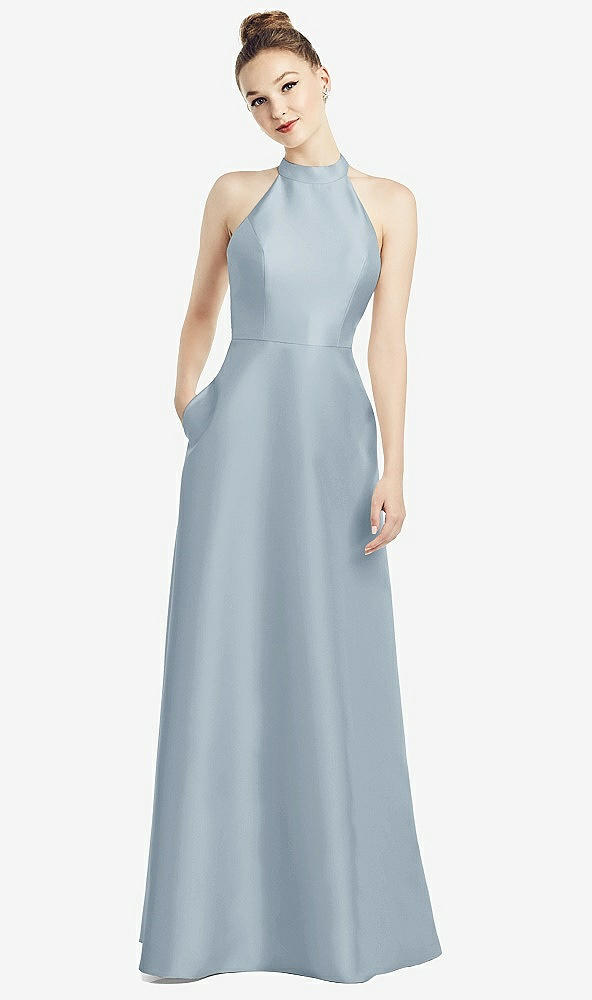 Back View - Mist High-Neck Cutout Satin Dress with Pockets