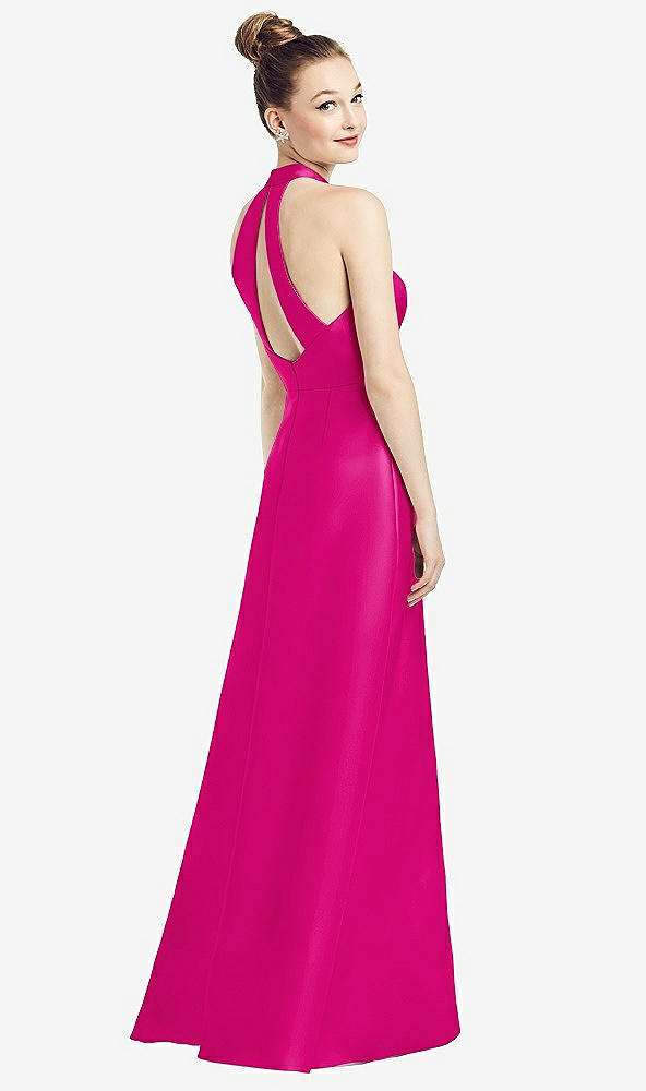 Front View - Think Pink High-Neck Cutout Satin Dress with Pockets