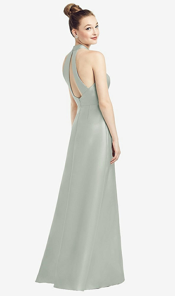 Front View - Willow Green High-Neck Cutout Satin Dress with Pockets