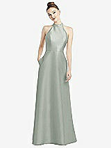 Rear View Thumbnail - Willow Green High-Neck Cutout Satin Dress with Pockets