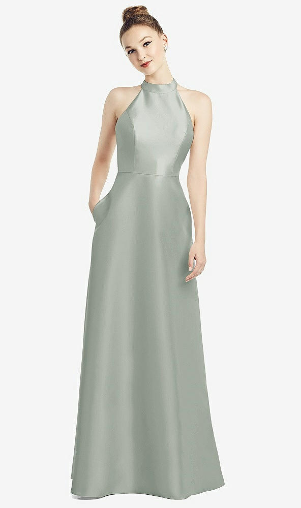 Back View - Willow Green High-Neck Cutout Satin Dress with Pockets