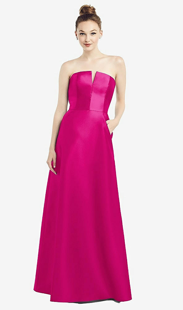 Front View - Think Pink Strapless Notch Satin Gown with Pockets