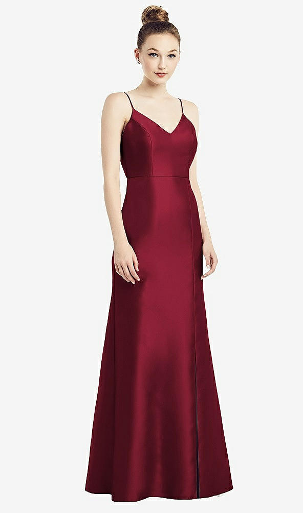 Back View - Burgundy Open-Back Bow Tie Satin Trumpet Gown