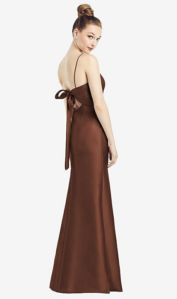 Front View - Cognac Open-Back Bow Tie Satin Trumpet Gown