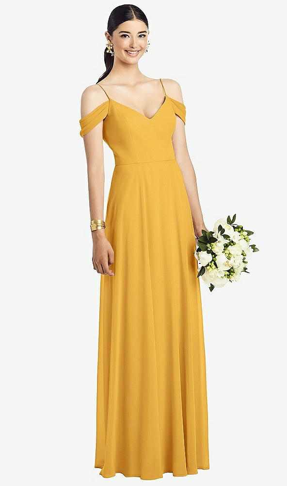 Front View - NYC Yellow Cold-Shoulder V-Back Chiffon Maxi Dress