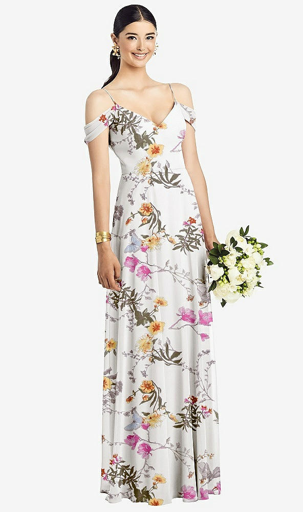 Front View - Butterfly Botanica Ivory Cold-Shoulder V-Back Chiffon Maxi Dress