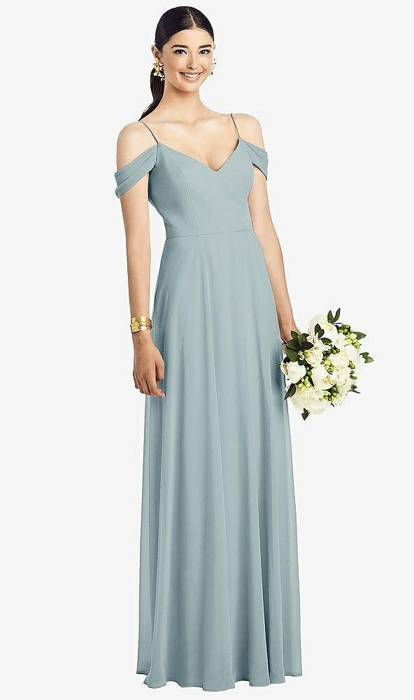 Front View - Morning Sky Cold-Shoulder V-Back Chiffon Maxi Dress