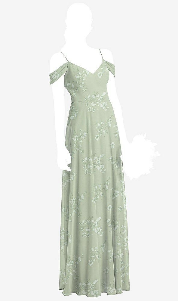 Front View - Vintage Primrose Sage Cold-Shoulder V-Back Chiffon Maxi Dress