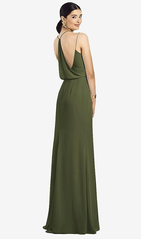 Front View - Olive Green Draped Blouson Back Chiffon Maxi Dress