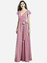 Front View Thumbnail - Dusty Pink Flutter Sleeve Faux Wrap Chiffon Dress