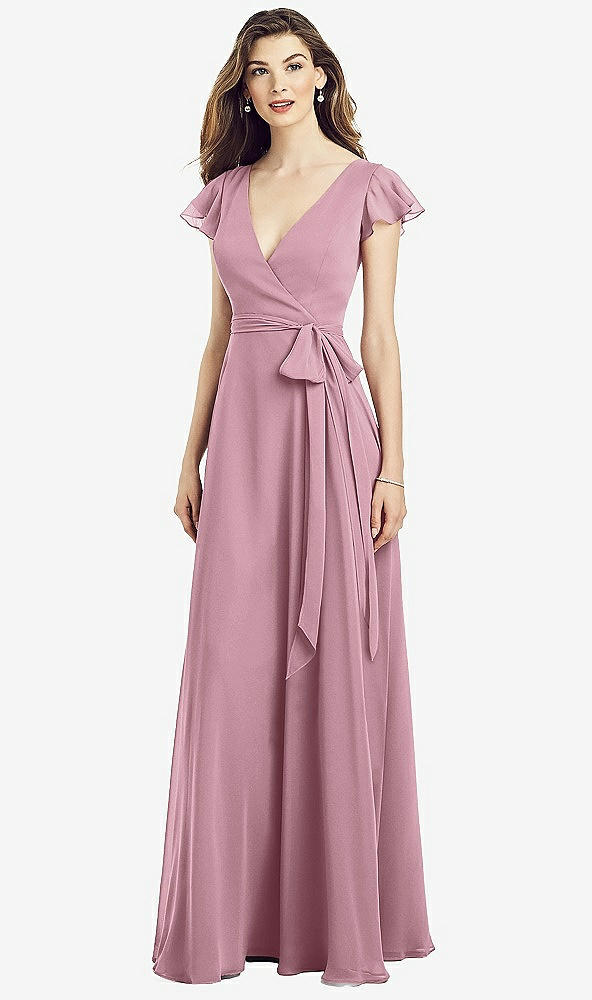 Front View - Dusty Pink Flutter Sleeve Faux Wrap Chiffon Dress