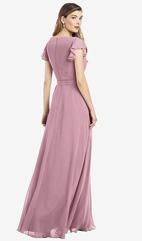 Back View - Dusty Pink Flutter Sleeve Faux Wrap Chiffon Dress