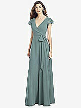 Front View Thumbnail - Icelandic Flutter Sleeve Faux Wrap Chiffon Dress