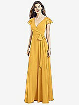Front View Thumbnail - NYC Yellow Flutter Sleeve Faux Wrap Chiffon Dress