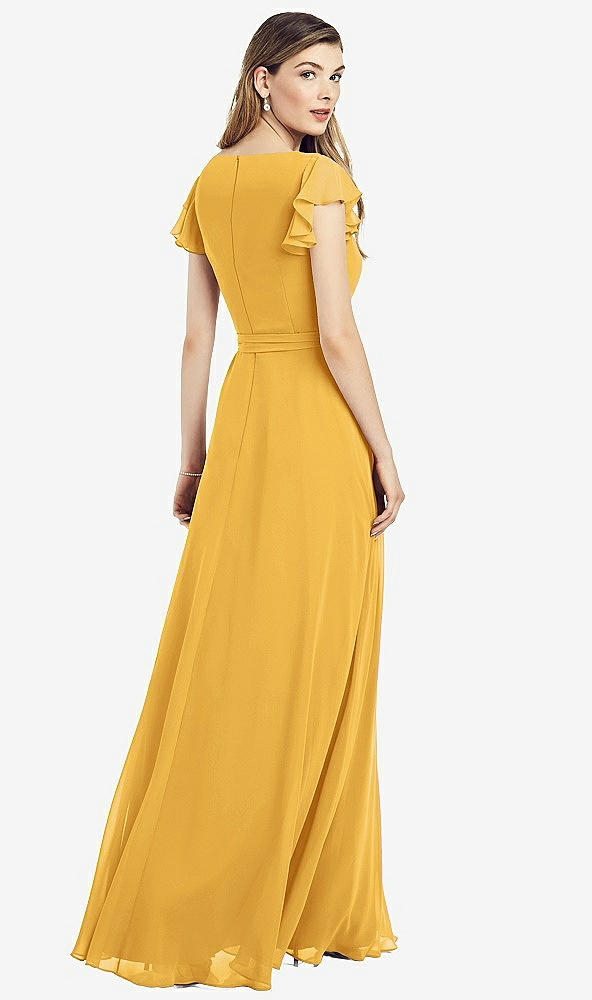 Back View - NYC Yellow Flutter Sleeve Faux Wrap Chiffon Dress