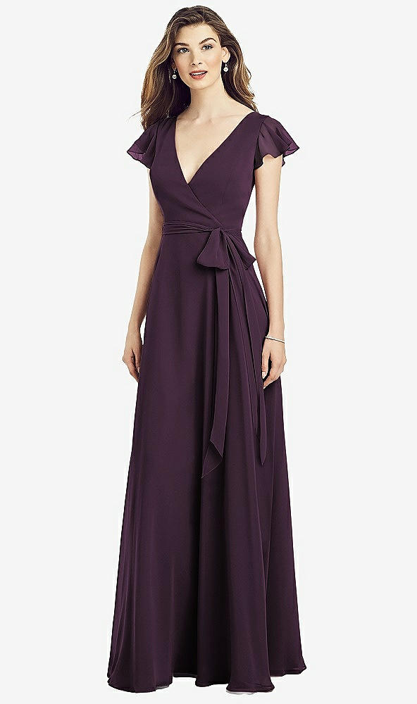 Front View - Aubergine Flutter Sleeve Faux Wrap Chiffon Dress