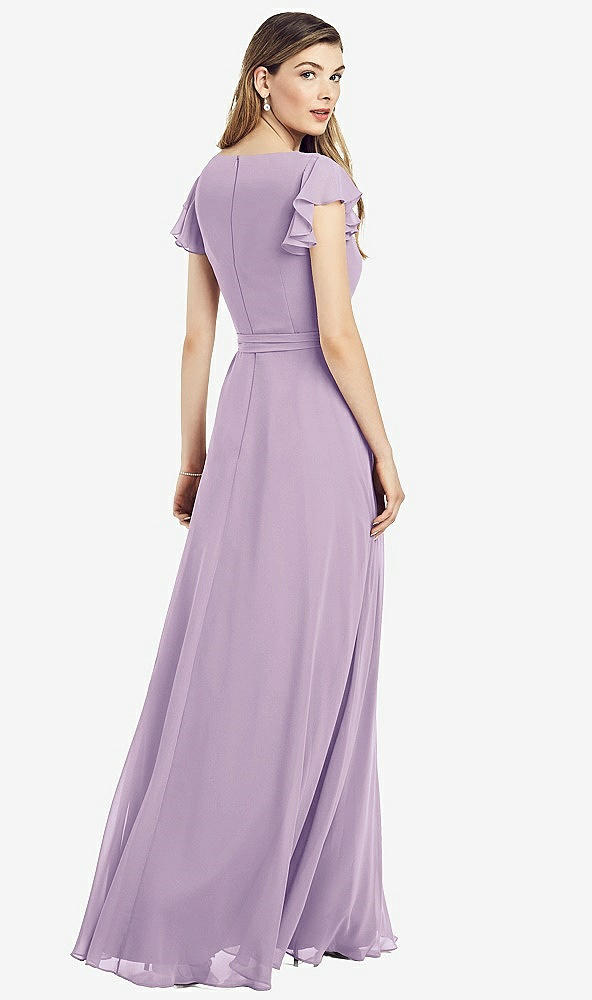 Back View - Pale Purple Flutter Sleeve Faux Wrap Chiffon Dress