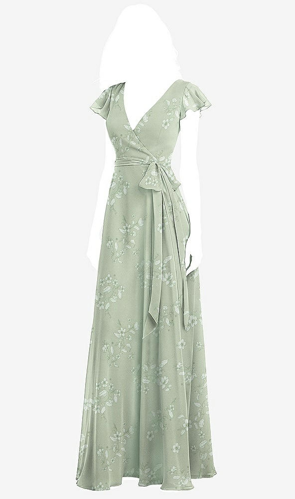 Front View - Vintage Primrose Sage Flutter Sleeve Faux Wrap Chiffon Dress