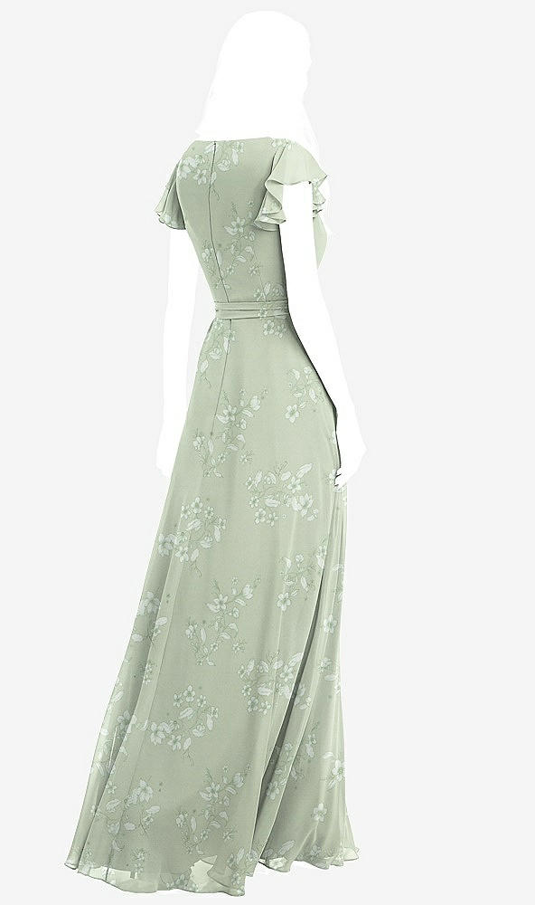 Back View - Vintage Primrose Sage Flutter Sleeve Faux Wrap Chiffon Dress