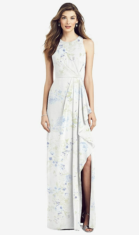 Front View - Bleu Garden Sleeveless Chiffon Dress with Draped Front Slit