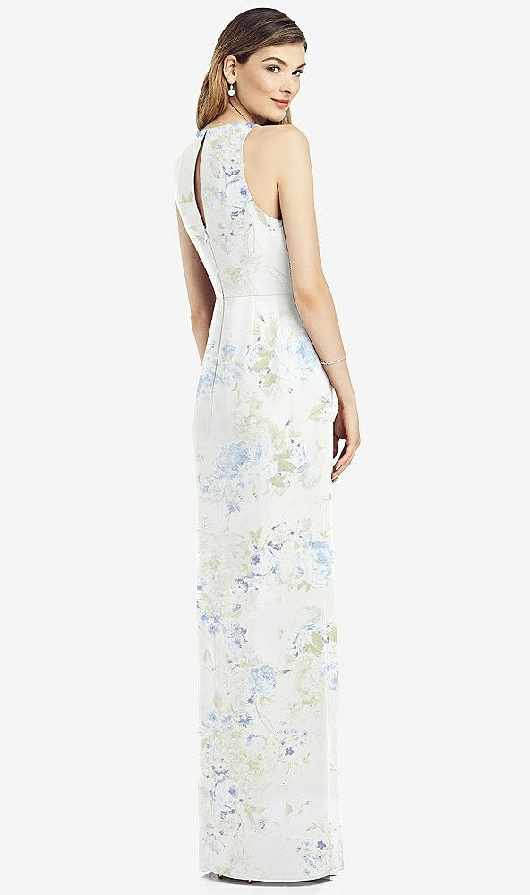 Back View - Bleu Garden Sleeveless Chiffon Dress with Draped Front Slit